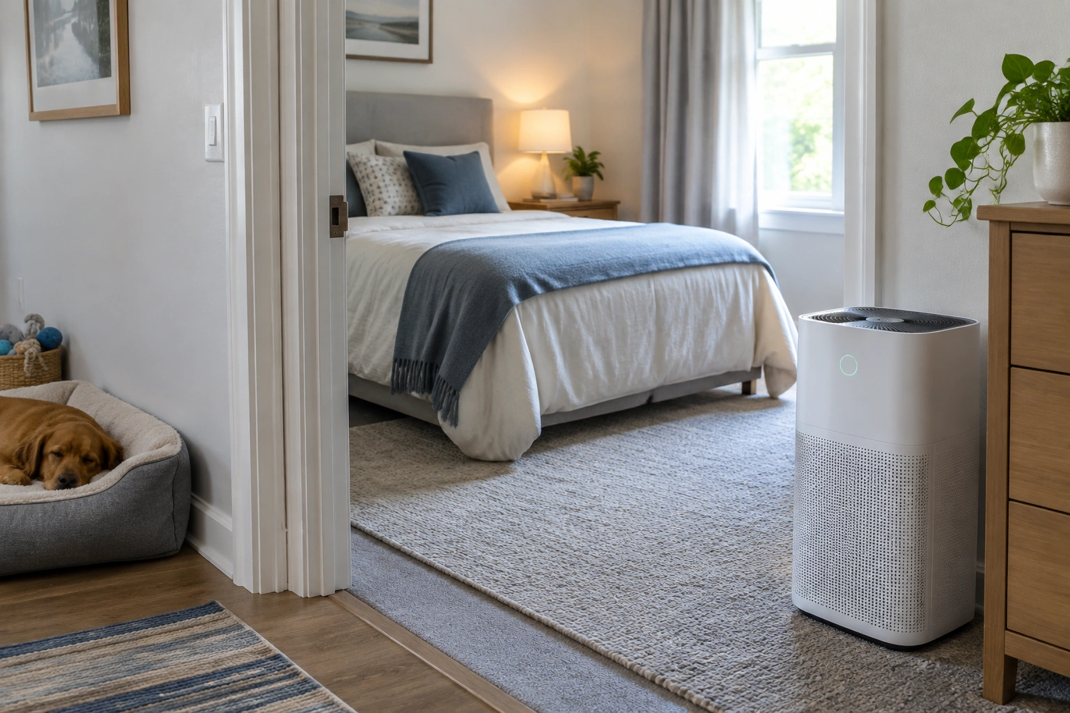 HEPA air purifier and dog-free bedroom setup for allergy control