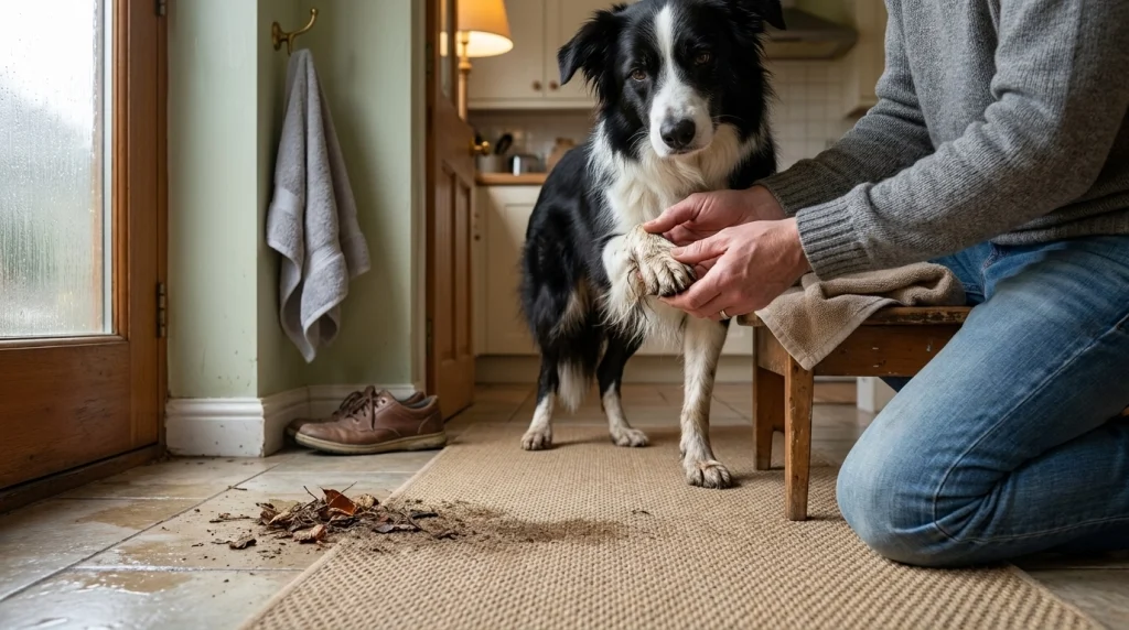 Owner inspecting a Border Collie's paw on a non-slip entryway runner after a rainy walk.