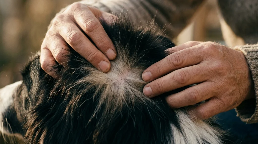 Hands parting a dog's double coat to check if the undercoat is dry.