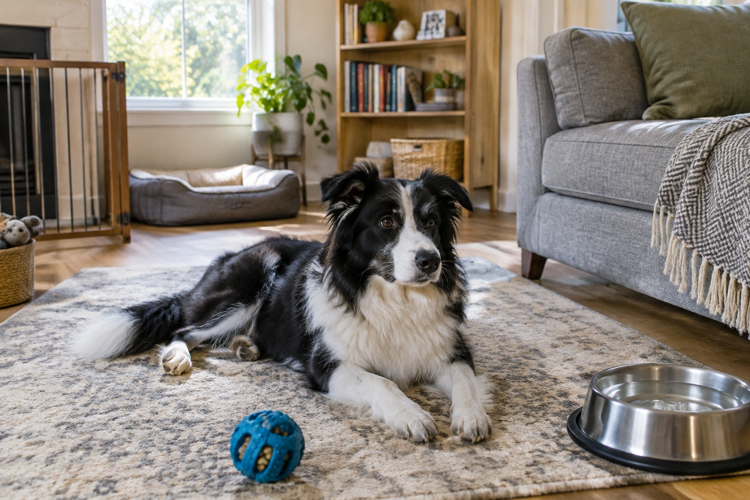 Border Collie resting alone at home with a calm setup