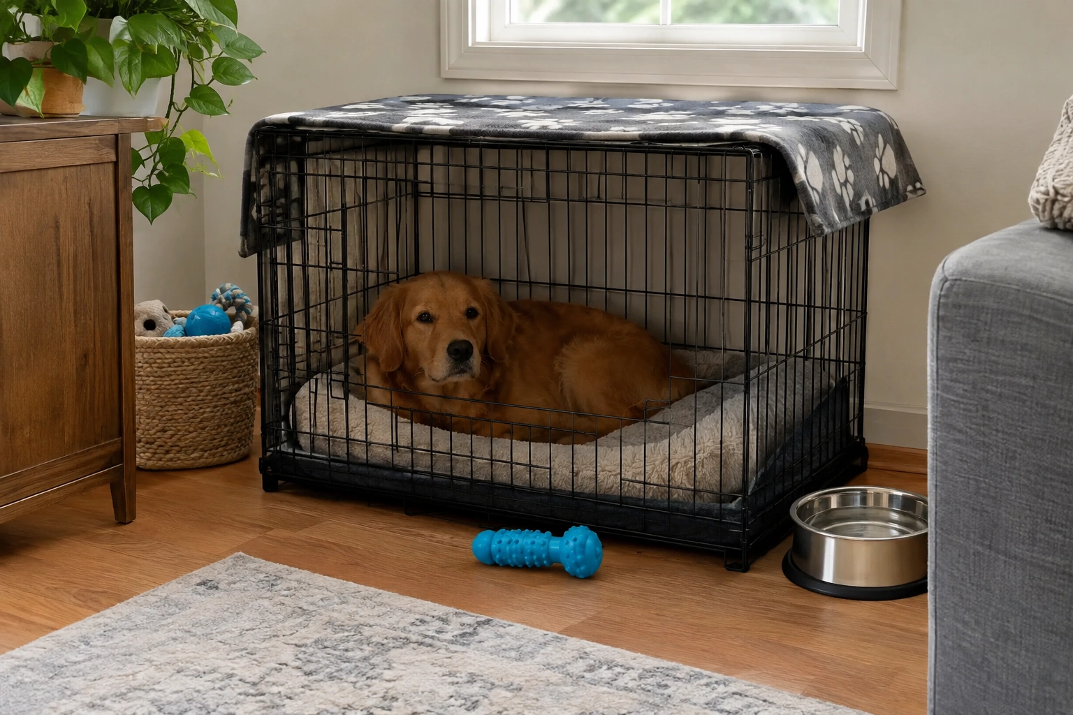Dog-proof home setup with crate, toy, and water bowl