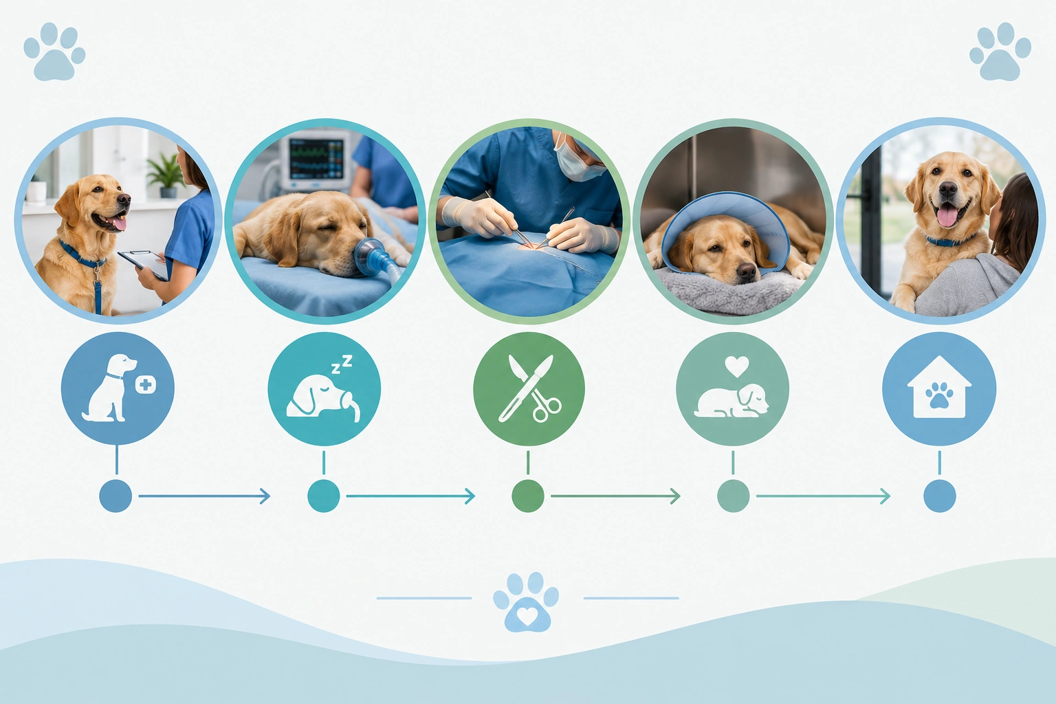 Timeline showing neutering surgery time versus total clinic time and recovery