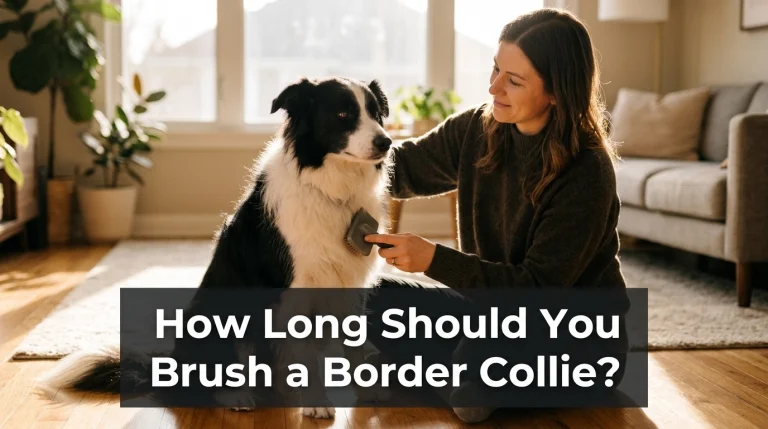 Person gently brushing a Border Collie in a sunlit living room.