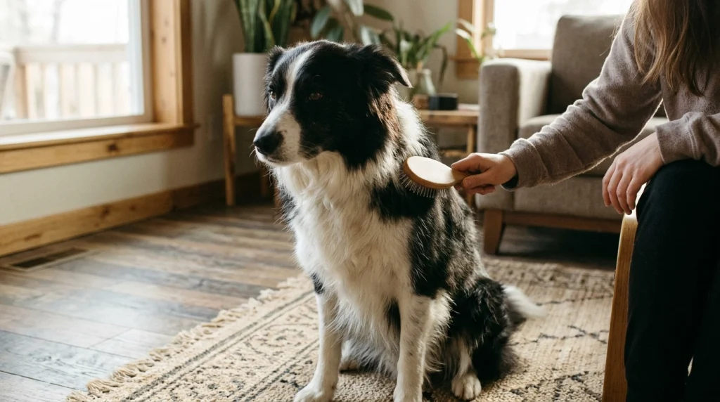 Close-up of a Border Collie enjoying a routine brushing session.