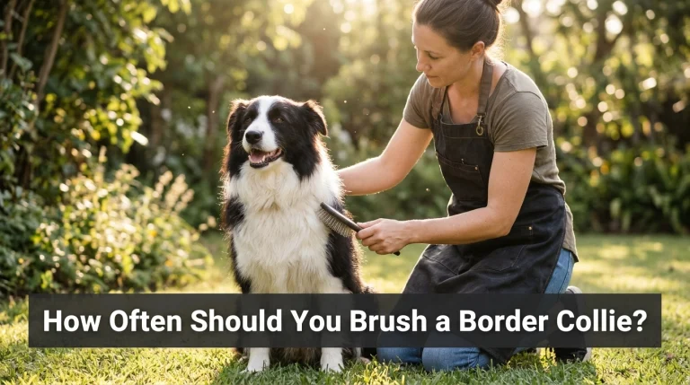 A professional groomer gently brushing a Border Collie's coat in a sunny garden.