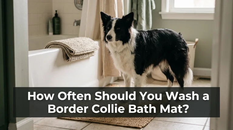 Border Collie standing on a clean bath mat in a home bathroom.