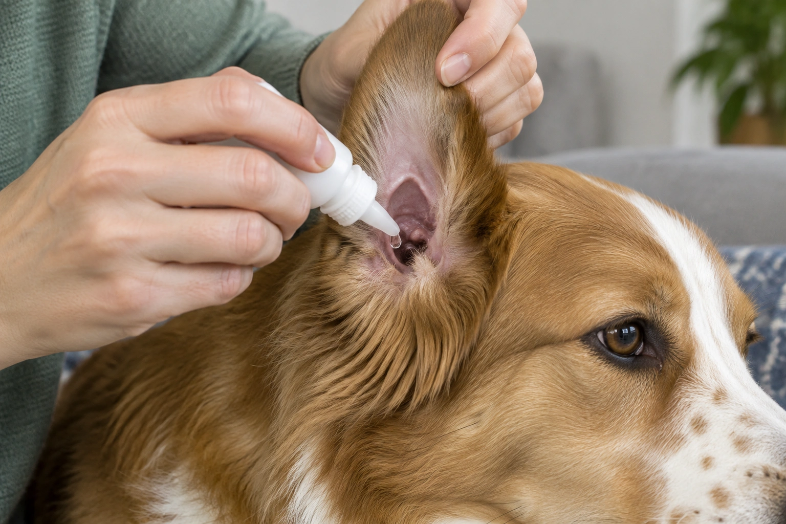 Applying ear drops into a dog's ear canal while holding the ear flap upright