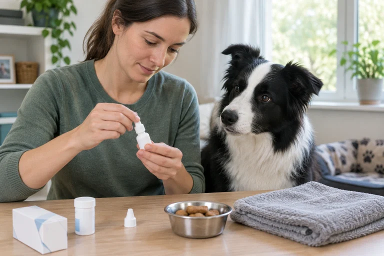 Dog owner preparing prescribed ear drops with treats and towel