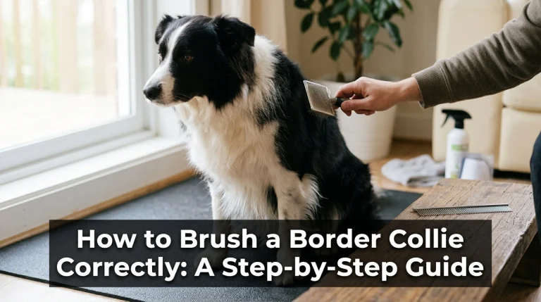 Owner gently brushing a black-and-white Border Collie with a slicker brush at home.