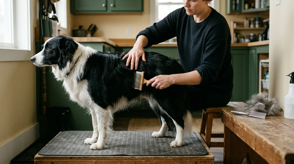 Owner using a slicker brush to gently groom a Border Collie's coat at home.