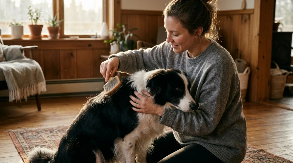 Person correctly brushing a Border Collie's back using gentle strokes.