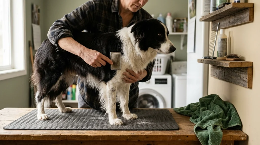 Caregiver gently brushing the dry side coat of a black-and-white Border Collie before bathing