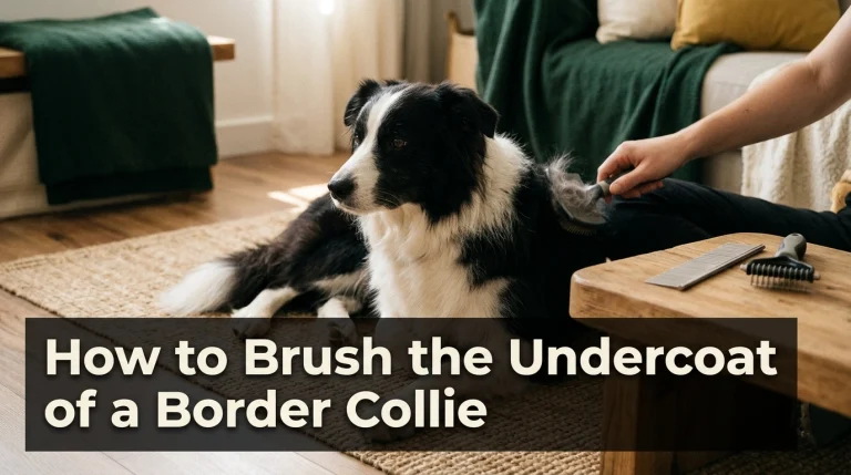 Person gently brushing the undercoat of a black-and-white Border Collie at home