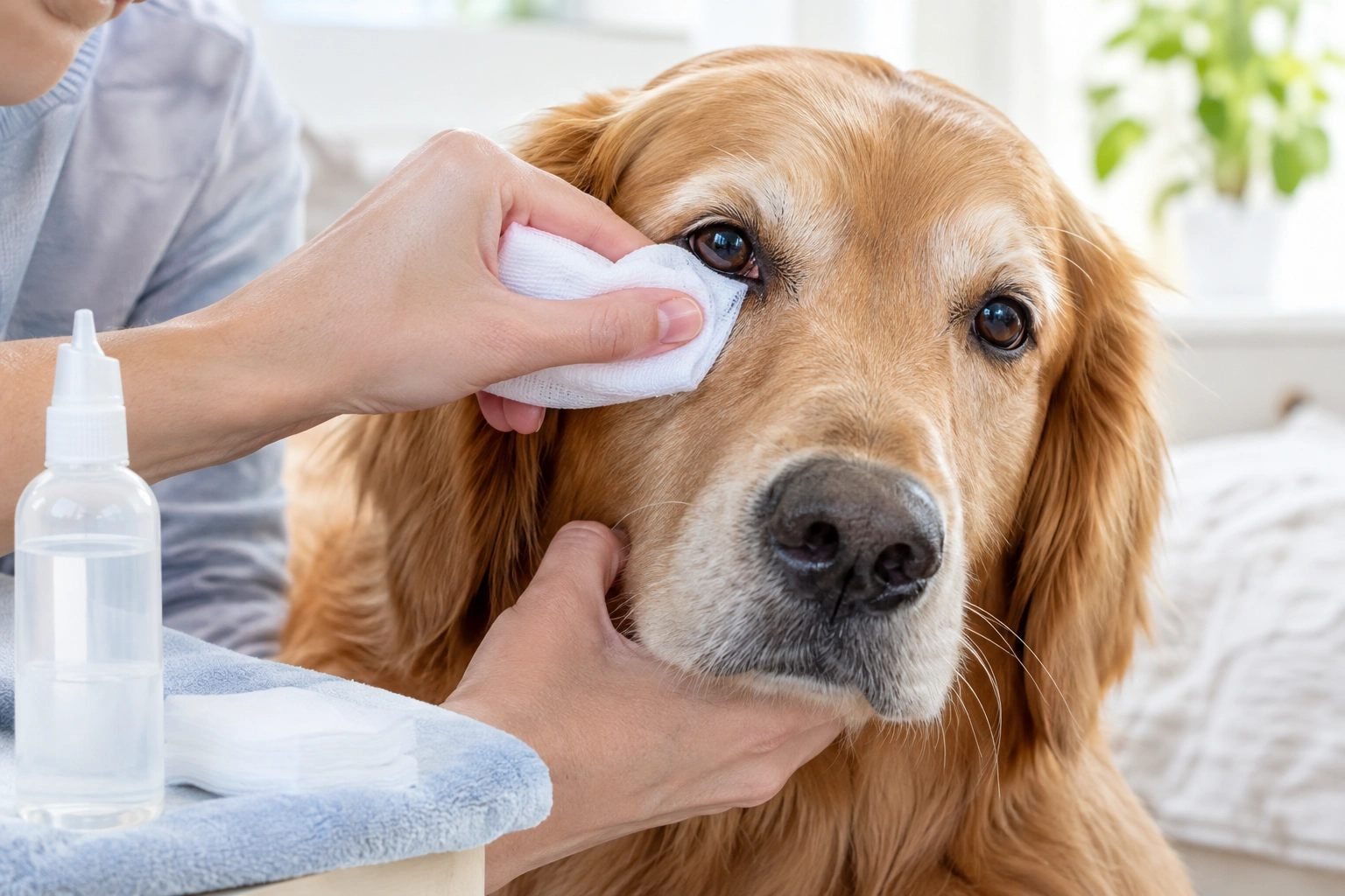 Person gently cleaning dog eye boogers with gauze and saline