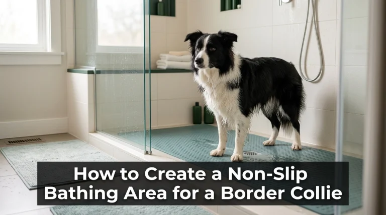Border Collie standing securely on a textured non-slip bath mat in a home shower with a safe exit area.