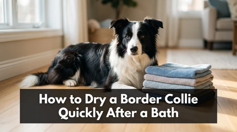 A clean Border Collie resting beside absorbent towels indoors after a bath.