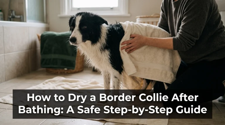 Border Collie being gently towel-dried after bathing at home.
