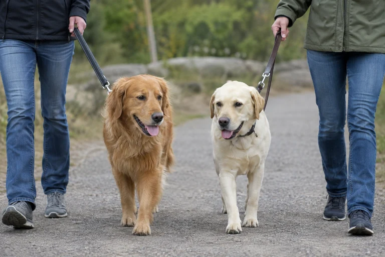 Two dogs walking calmly side by side on leashes