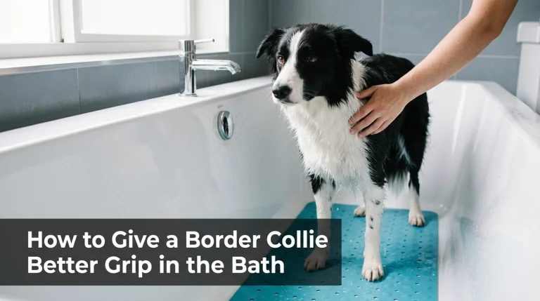 Border Collie standing securely on a textured blue non-slip bath mat inside a white bathtub.