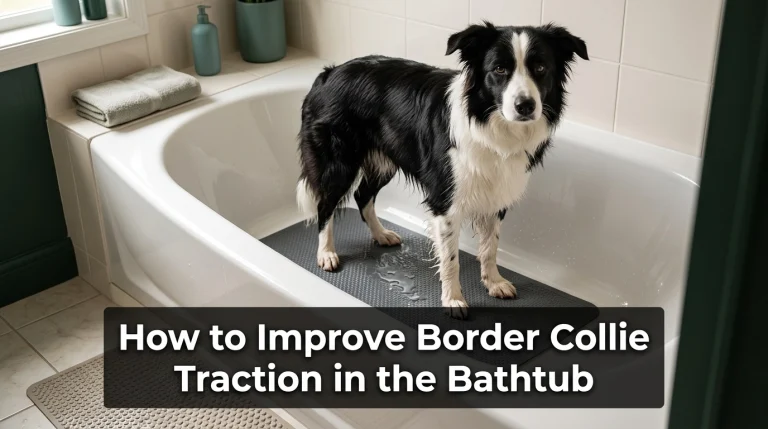 Black-and-white Border Collie standing securely on a textured non-slip bath mat inside a bathtub.
