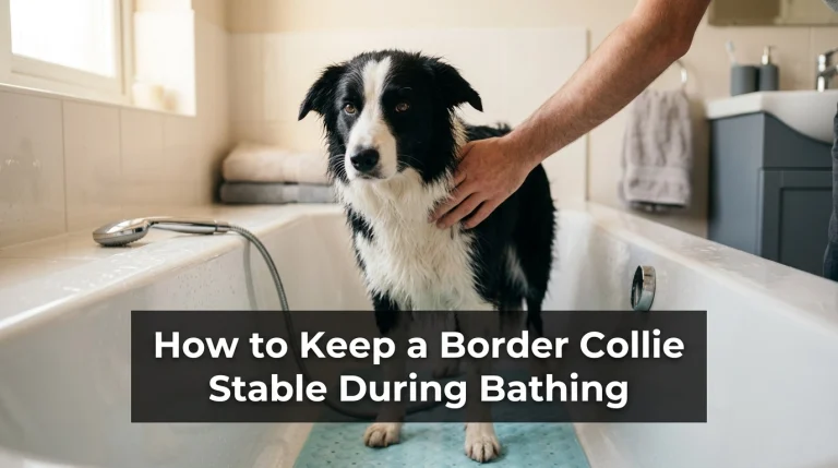 Border Collie standing securely on a non-slip bath mat while receiving gentle support during bathing.
