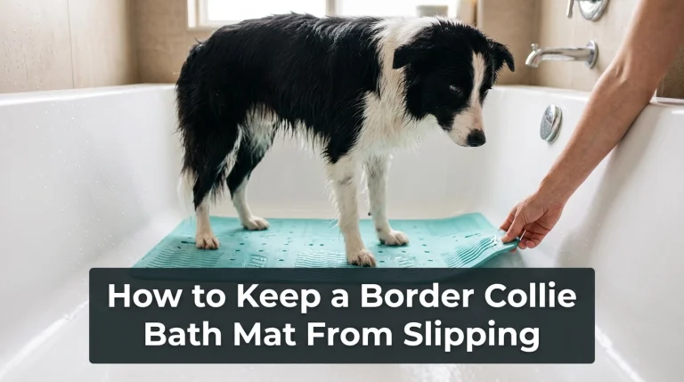 Border Collie standing on a secure aqua non-slip bath mat inside a white bathtub.