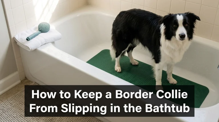 Border Collie standing securely on a non-slip rubber mat inside a bathtub.