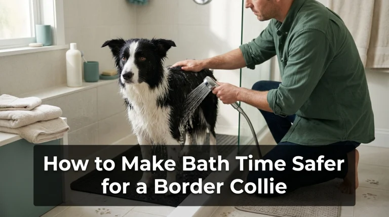 Border Collie receiving a safe bath on a non-slip shower mat with gentle rinsing and owner supervision.