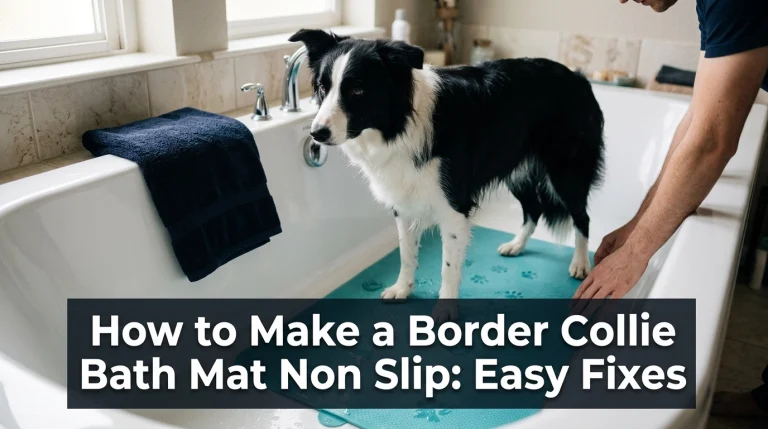 Border Collie standing on a secured aqua non-slip bathtub mat while an owner checks the grip.
