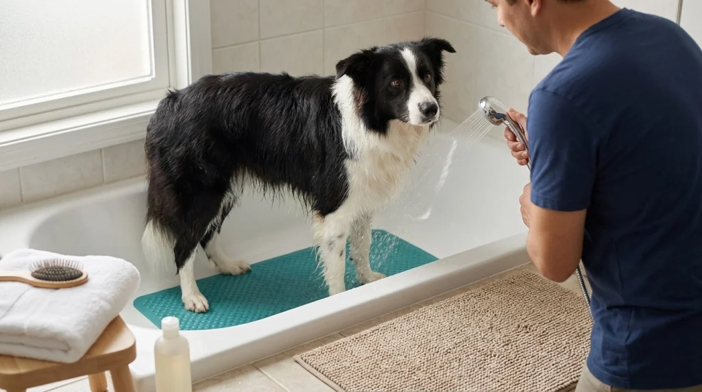 Border Collie standing securely on a non-slip bathtub mat while an owner bathes it gently in a prepared bathroom.