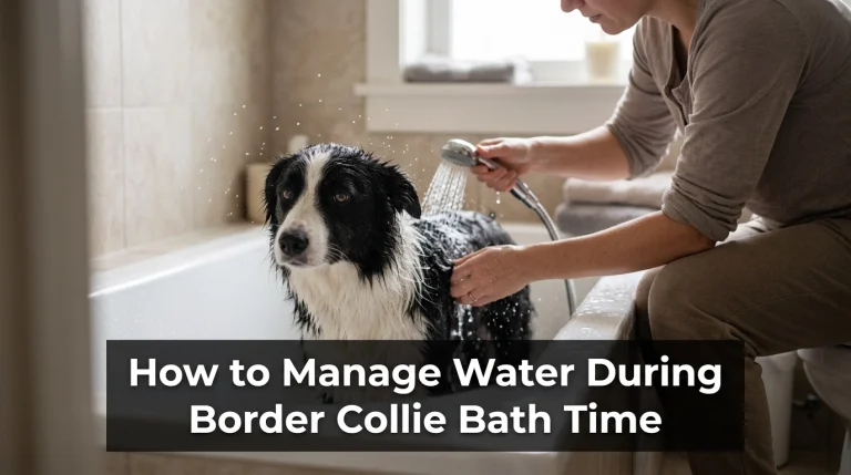 Person gently washing a Border Collie in a clean bathtub with controlled water flow.