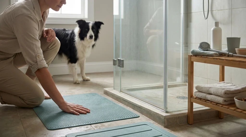 Owner checks a non-slip shower mat beside prepared dog shampoo, towels, and a waiting Border Collie.