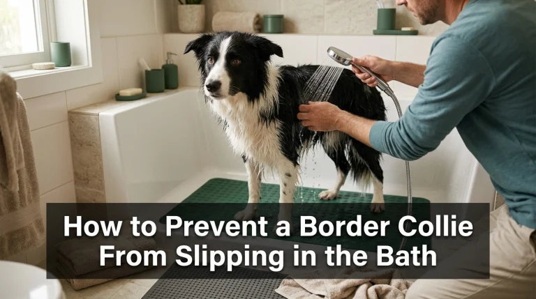 Border Collie standing on a non-slip bathtub mat while an owner gently rinses its coat