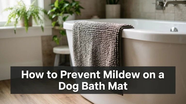 Clean dog bath mat hanging in a bright bathroom to prevent mildew growth.