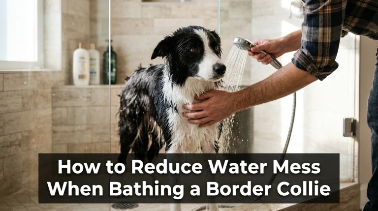 A person gently bathing a calm Border Collie in a bright tile shower.