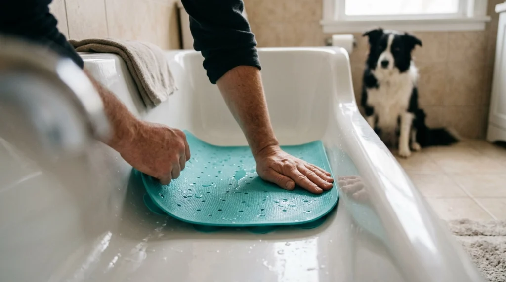 Owner pressing an aqua rubber bath mat into a bathtub while a Border Collie waits nearby.
