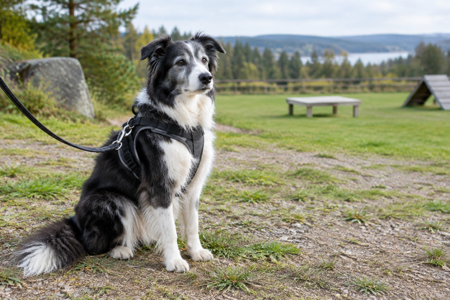 Older dog on a secure leash in a calm controlled environment