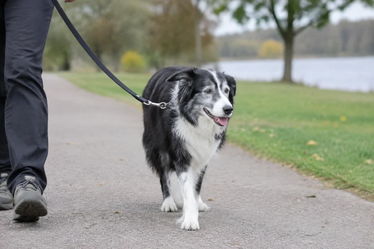 Older dog walking calmly on leash at a safe distance from people and dogs