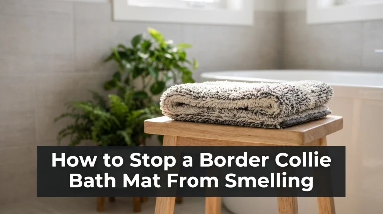 A clean bathroom interior featuring a folded bath mat, illustrating how to stop a Border Collie bath mat from smelling.