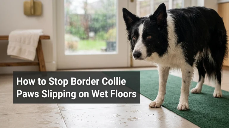 Border Collie on damp tiles beside a non-slip mat showing how to prevent paws slipping on wet floors.