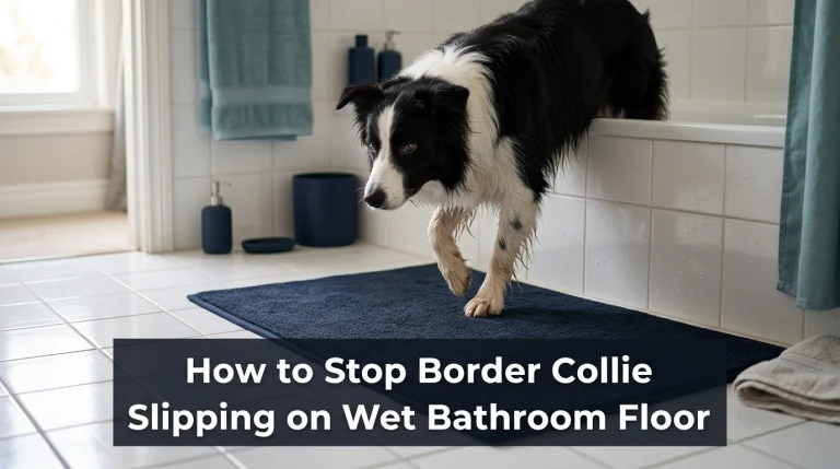 Border Collie stepping onto a non-slip bathroom mat after bathing on wet tiled flooring