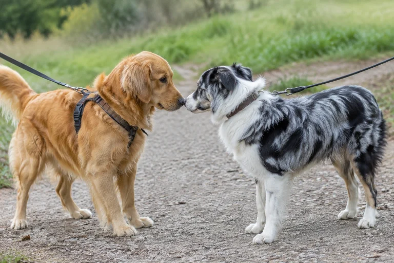 Two dogs meeting calmly on a walk