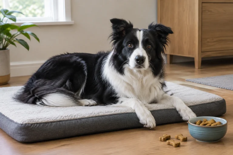Border Collie lying calmly on a mat in a quiet room during settle training