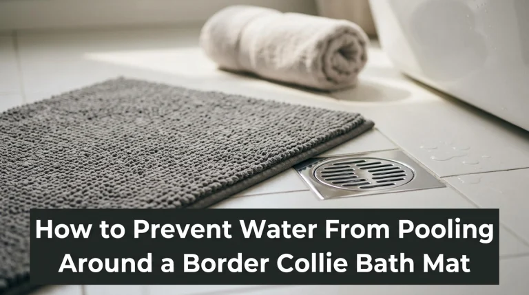 Close-up of water pooling near the edge of a bathroom floor mat.