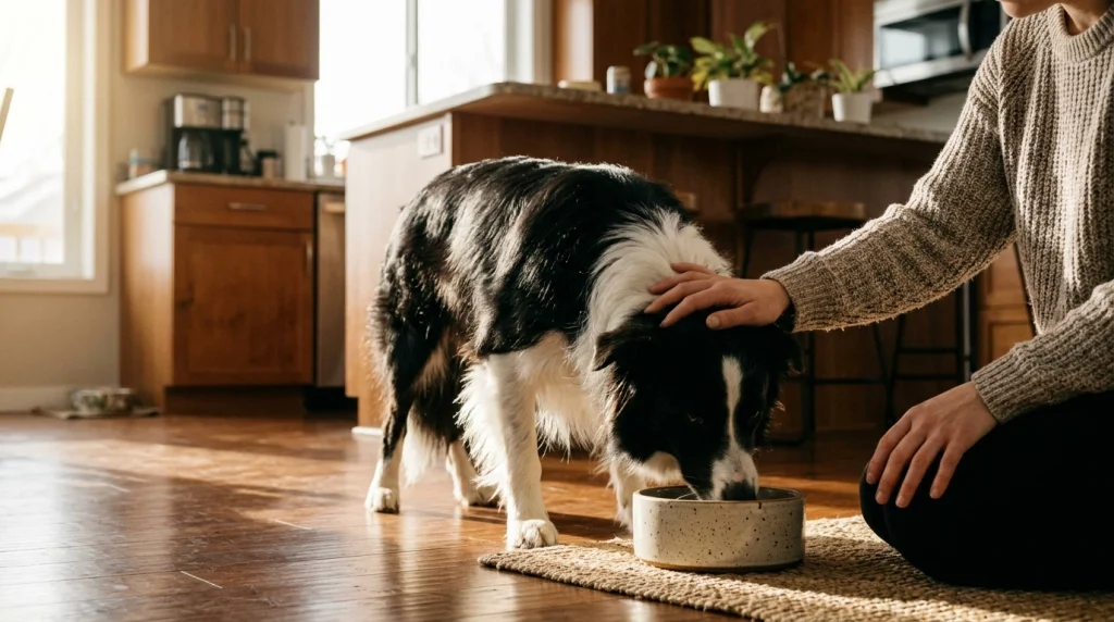 A healthy Border Collie eating in a bright kitchen with its owner.