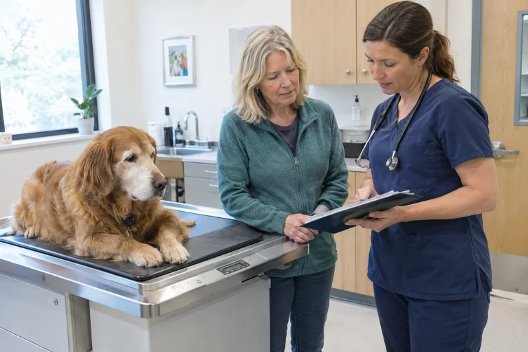 Older dog being examined by a veterinarian before neutering