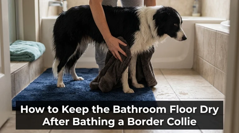 Border Collie standing on an absorbent bath mat while its damp legs are dried with a towel.