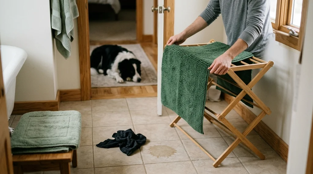 Border Collie's bath mat air-drying on a rack beside a clean spare mat in a home bathroom.