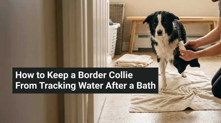 Black-and-white Border Collie having its damp paw dried with a towel after a bath.