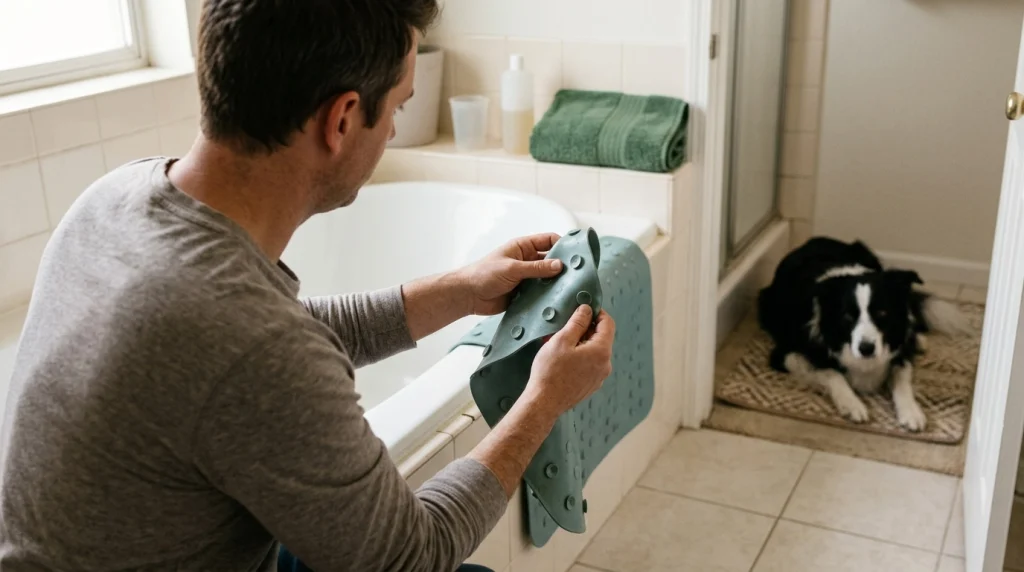 Dog owner inspecting a non-slip bath mat while a Border Collie rests nearby.